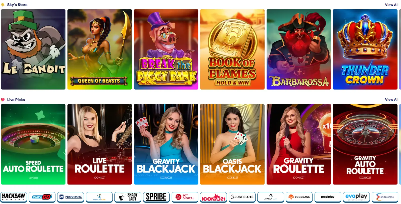 SkyHills Casino gokkasten selectie met populaire thematische spellen