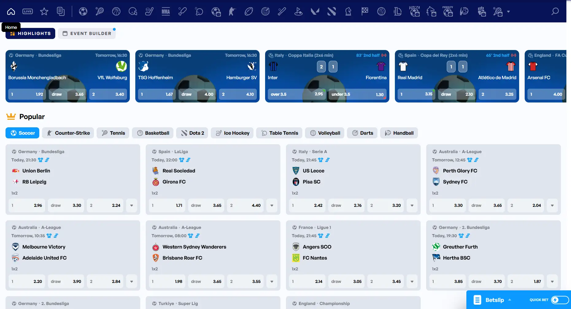 SkyHills Casino sportweddenschappen dashboard met live wedstrijden en odds