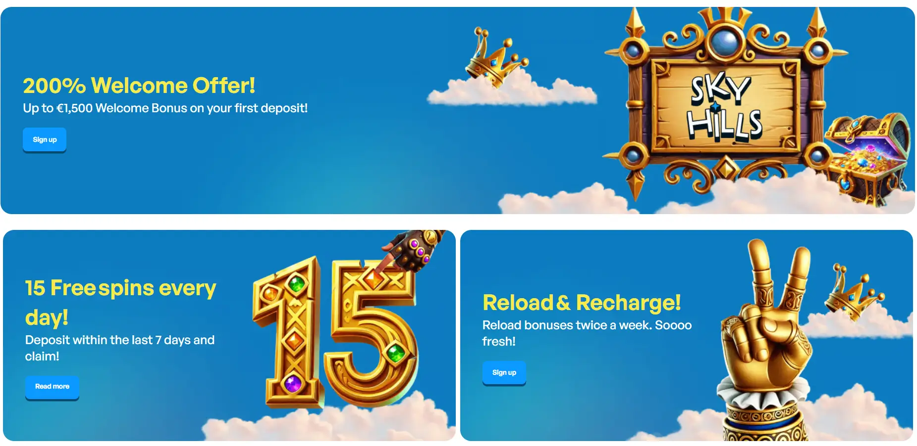 SkyHills Casino welkomstbonus banner met kasteel en schatkist